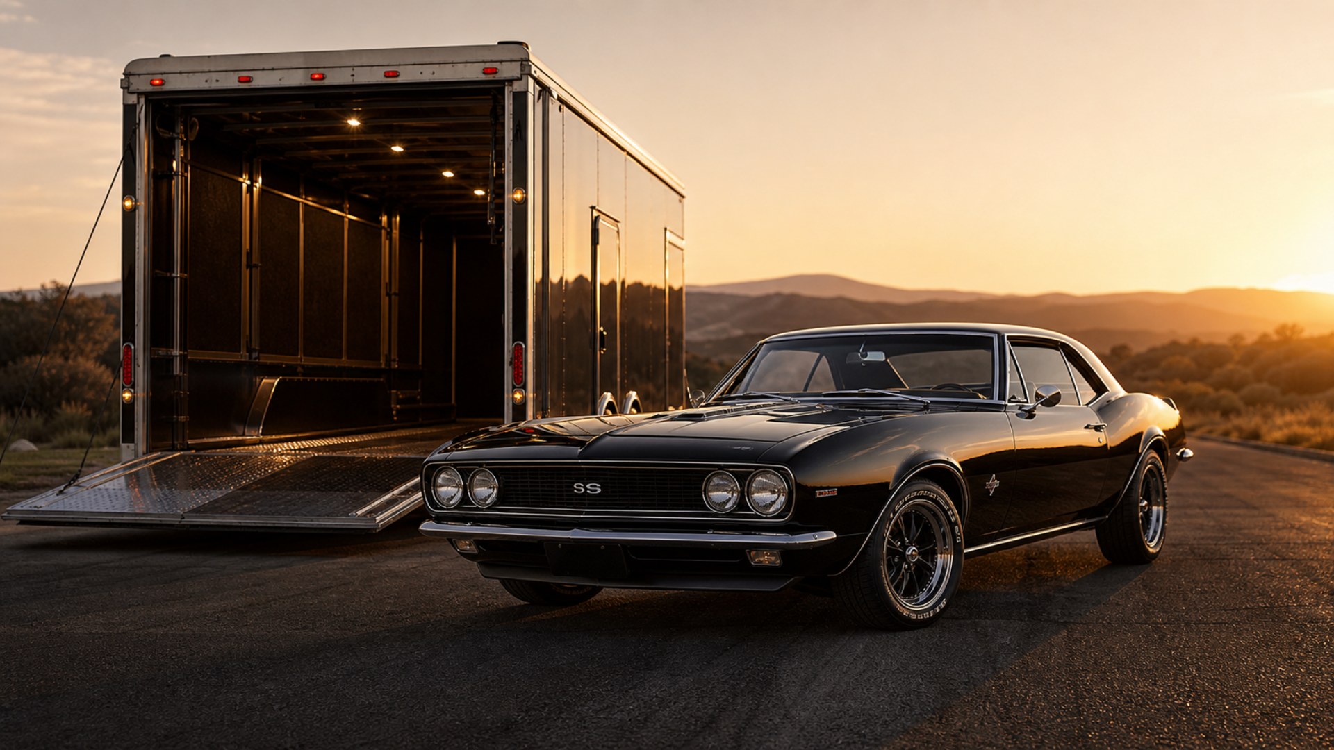Classic car loaded for enclosed transport